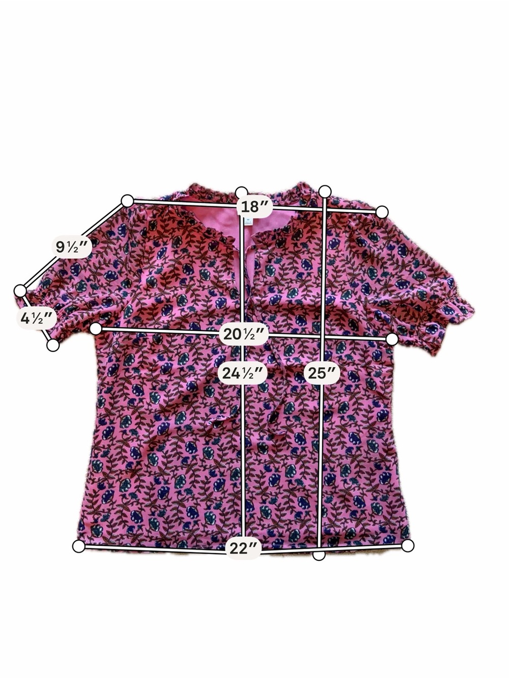J. Crew Pink Short-Sleeve Floral Blouse with Navy Print